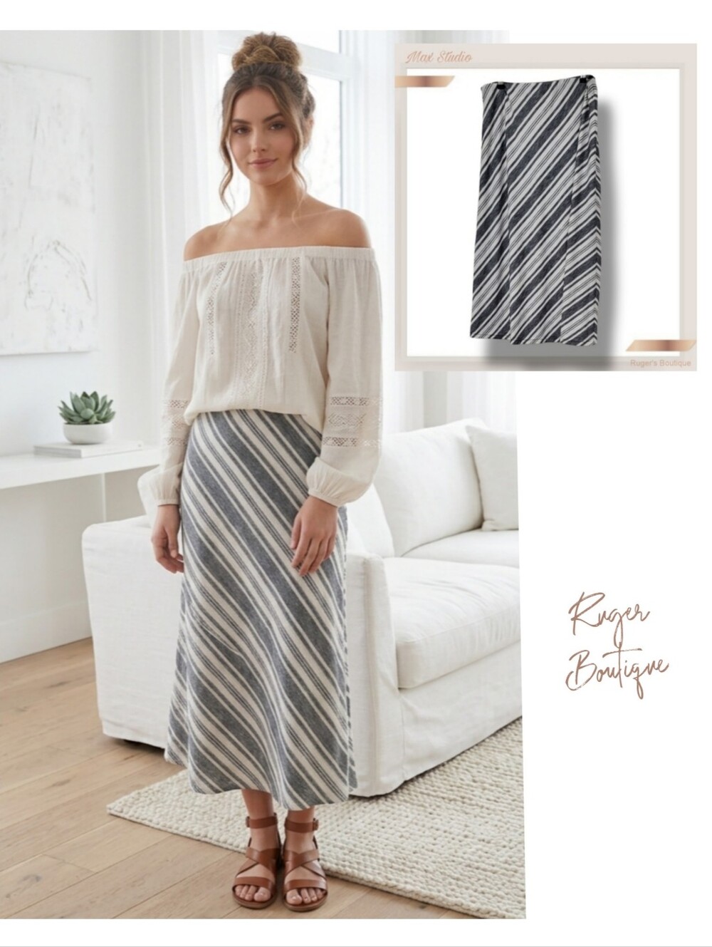 🌿Max Studio Women's Medium (8-10) Gray Assymetrical Stiped Skirt